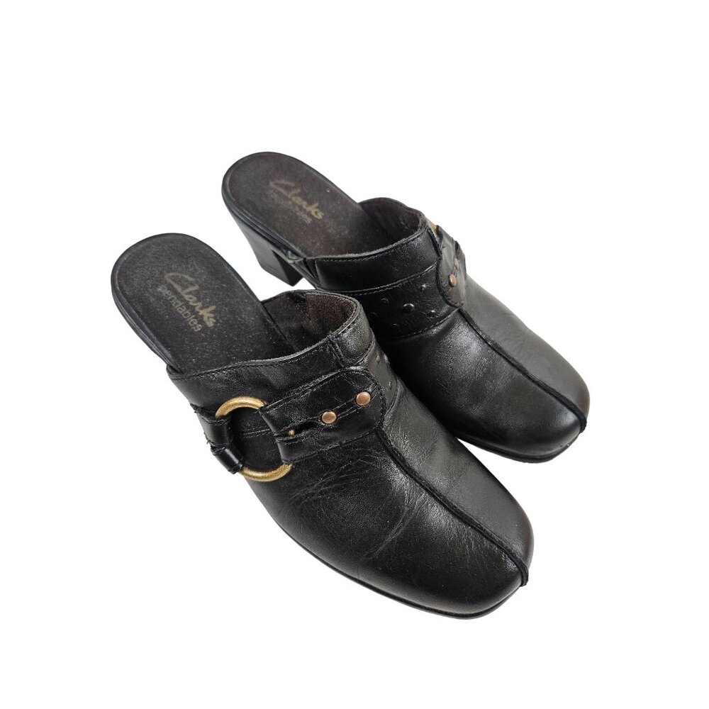Clarks Bendables Womens Shoes Leather Slip-On Mule Clogs Buckle Size 7M Black